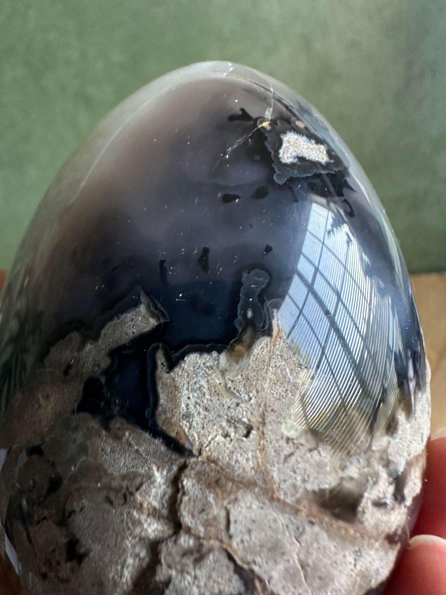 Dalmatian Druzy Agate Crystal Egg with White Quartz Crystals (Red Stand Included)