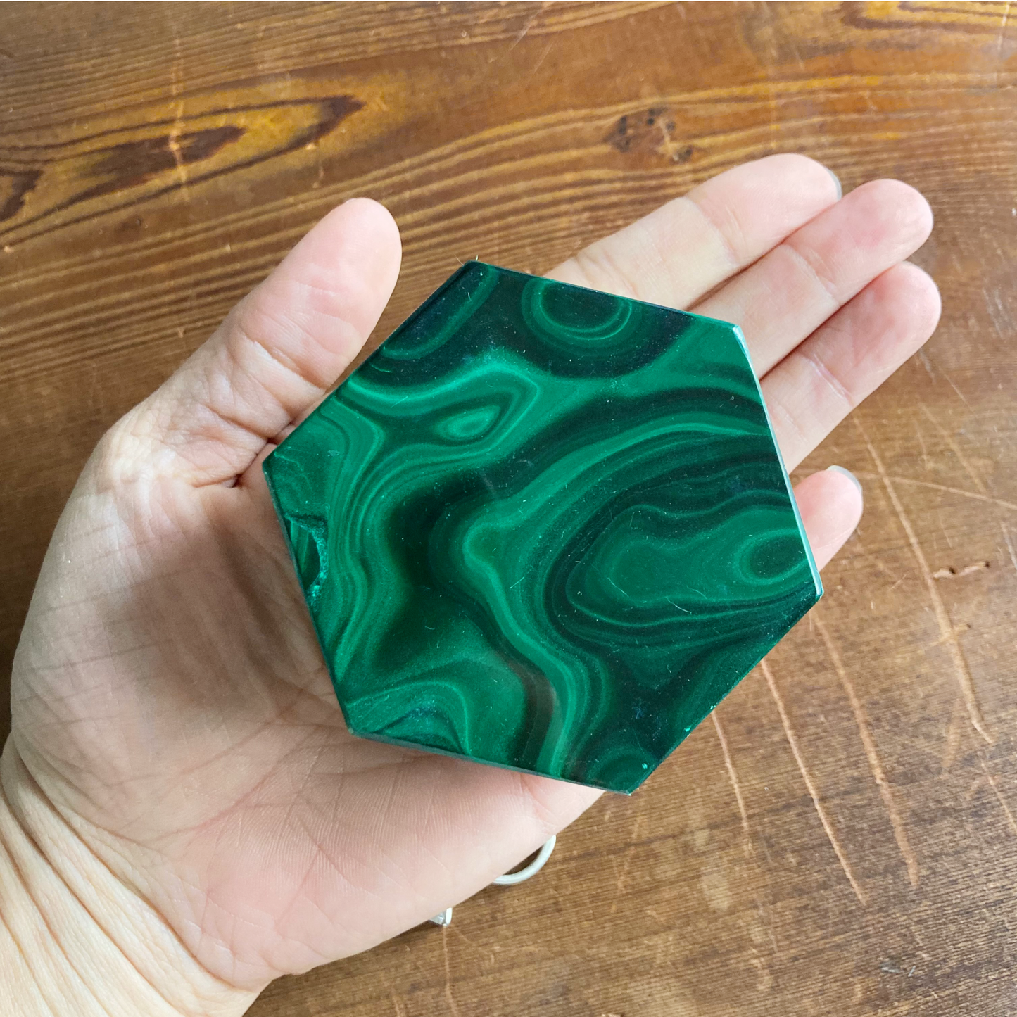 CHRYSOCOLLA VEINS 2.5" Hexagon Malachite Box #E