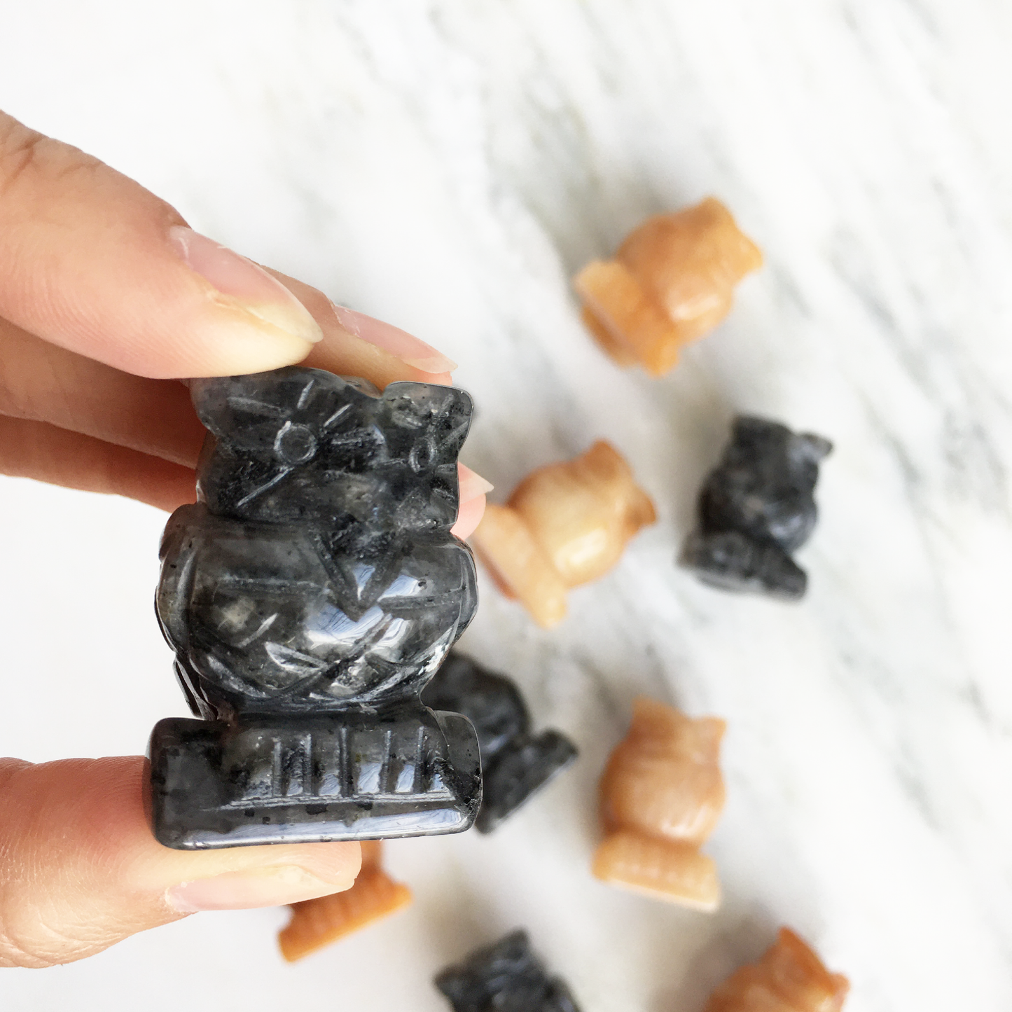 Hand-Carved Indigo Gabbro & Orange Aventurine Owls