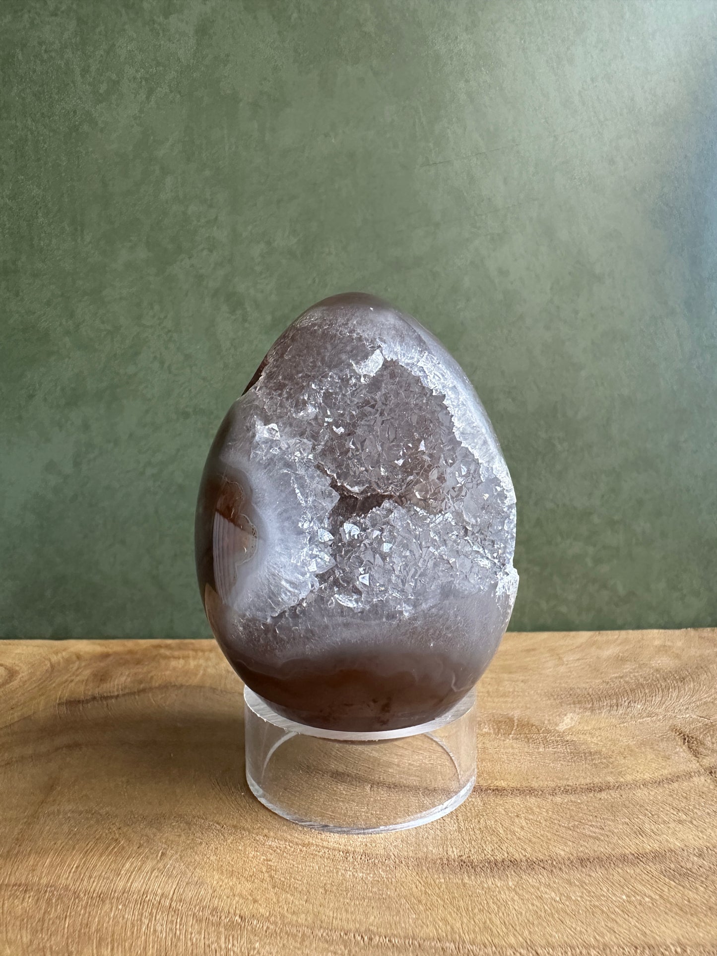 Druzy Agate Crystal Egg with Translucent Quartz Crystals (Red Stand Included)