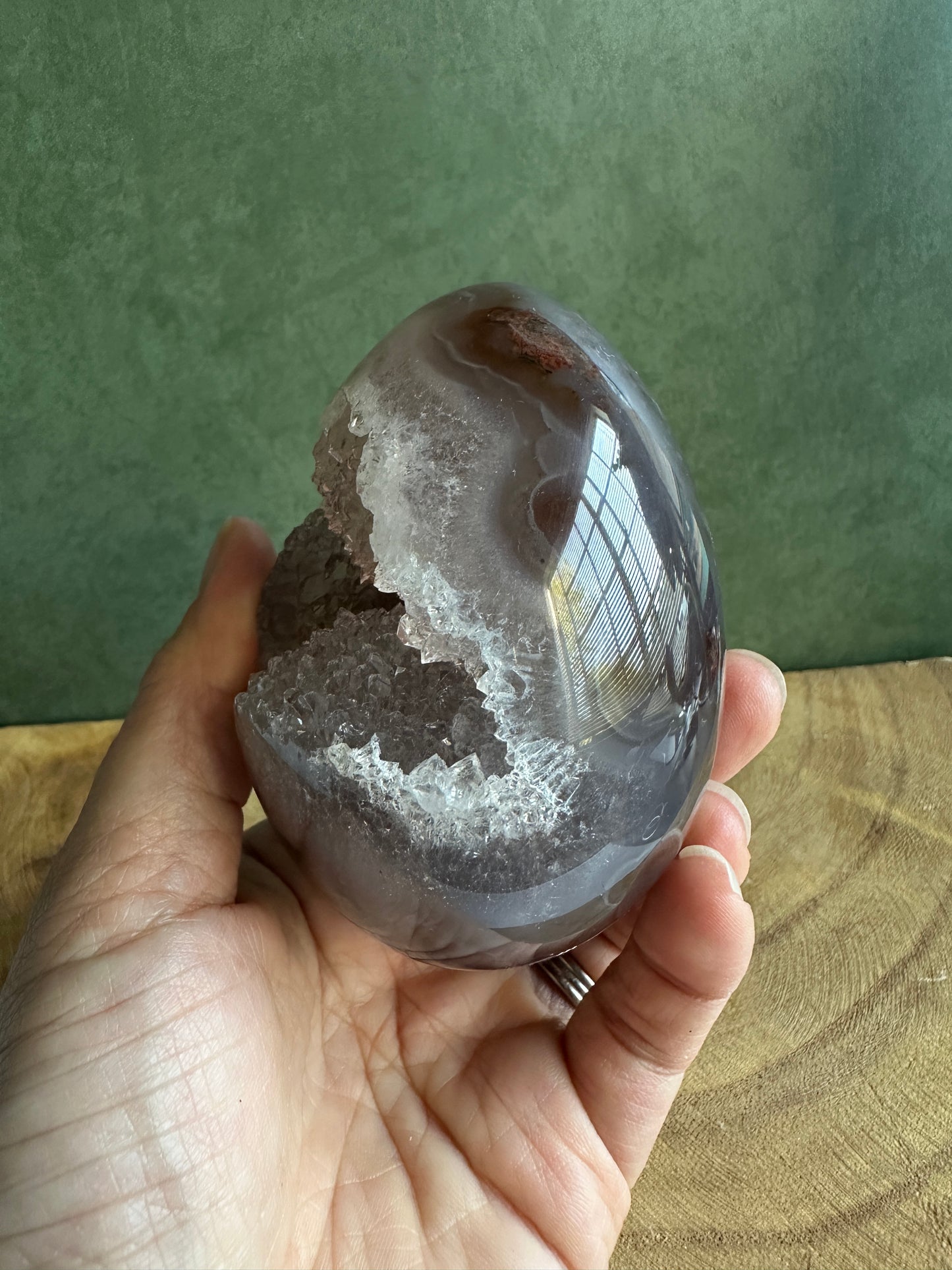 Druzy Agate Crystal Egg with Translucent Quartz Crystals (Red Stand Included)