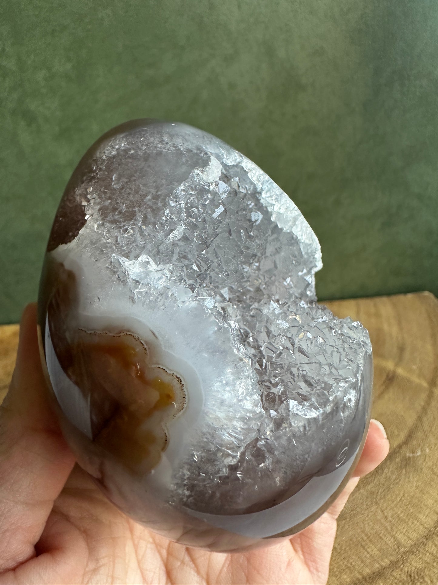 Druzy Agate Crystal Egg with Translucent Quartz Crystals (Red Stand Included)