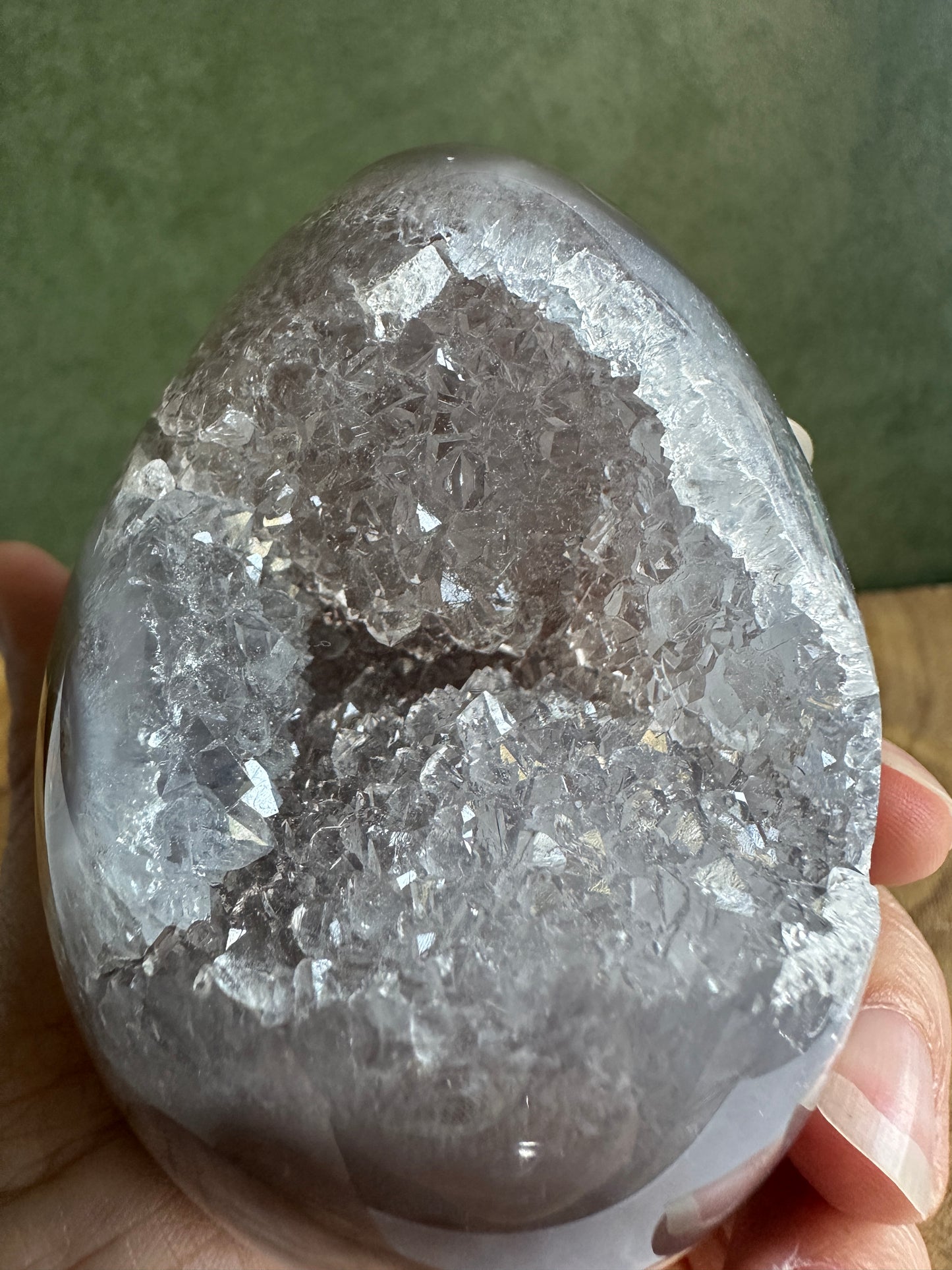 Druzy Agate Crystal Egg with Translucent Quartz Crystals (Red Stand Included)