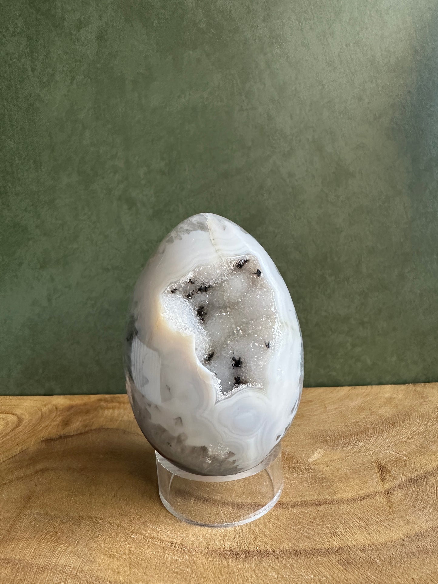 Dalmatian Druzy Agate Crystal Egg with White Quartz Crystals (Red Stand Included)