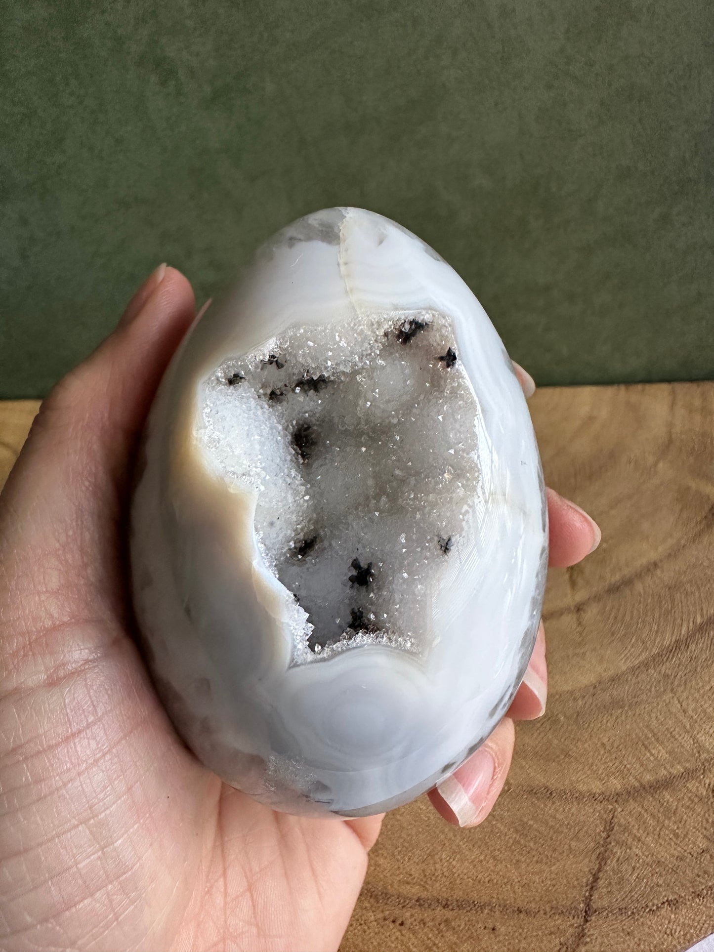 Dalmatian Druzy Agate Crystal Egg with White Quartz Crystals (Red Stand Included)