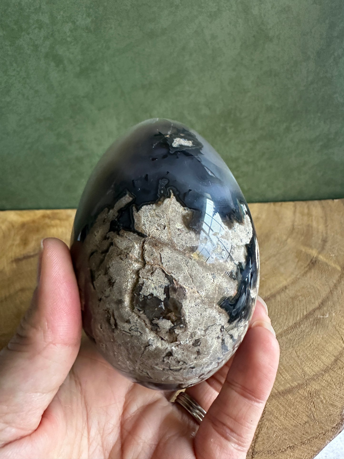 Dalmatian Druzy Agate Crystal Egg with White Quartz Crystals (Red Stand Included)