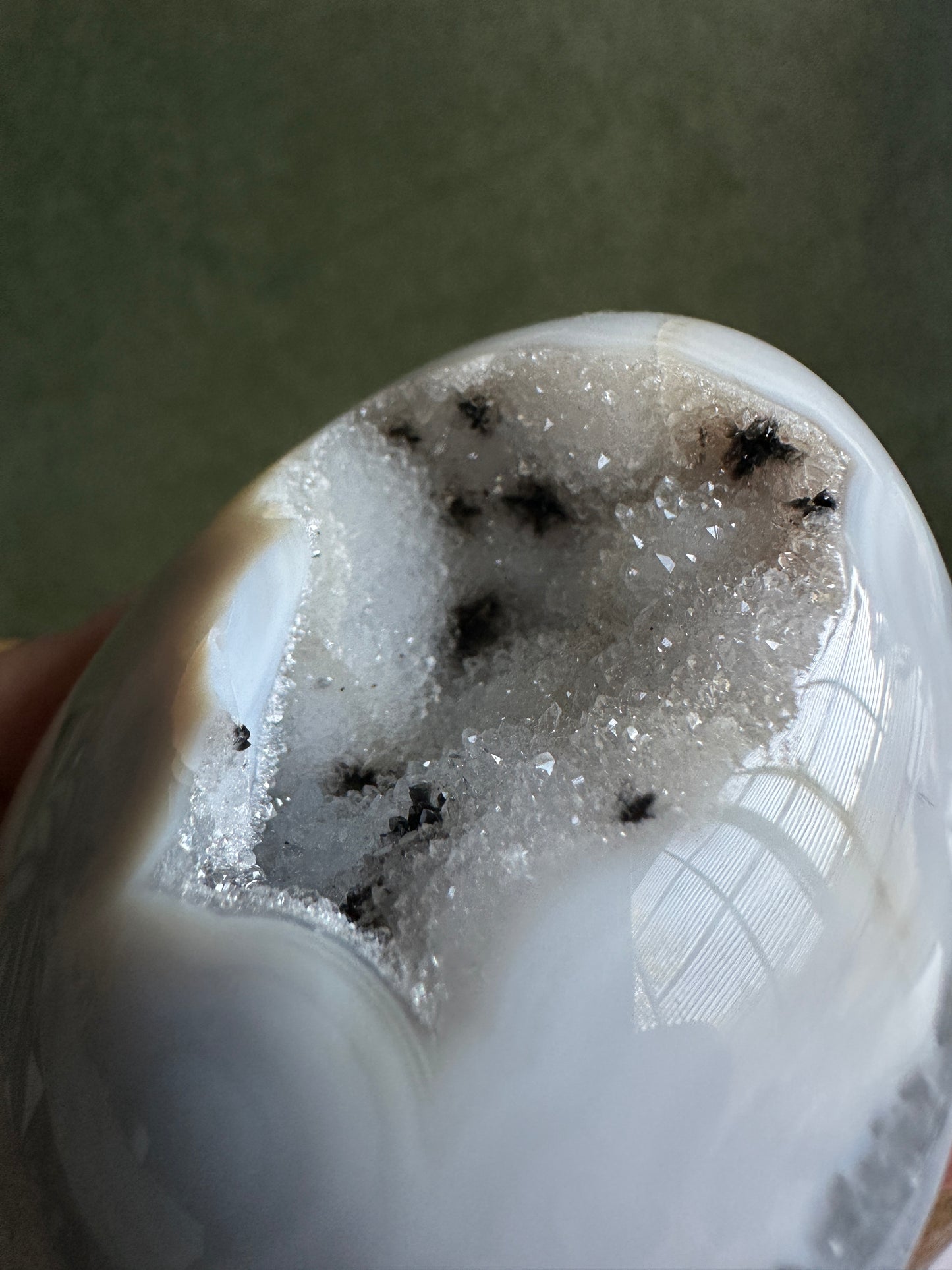 Dalmatian Druzy Agate Crystal Egg with White Quartz Crystals (Red Stand Included)