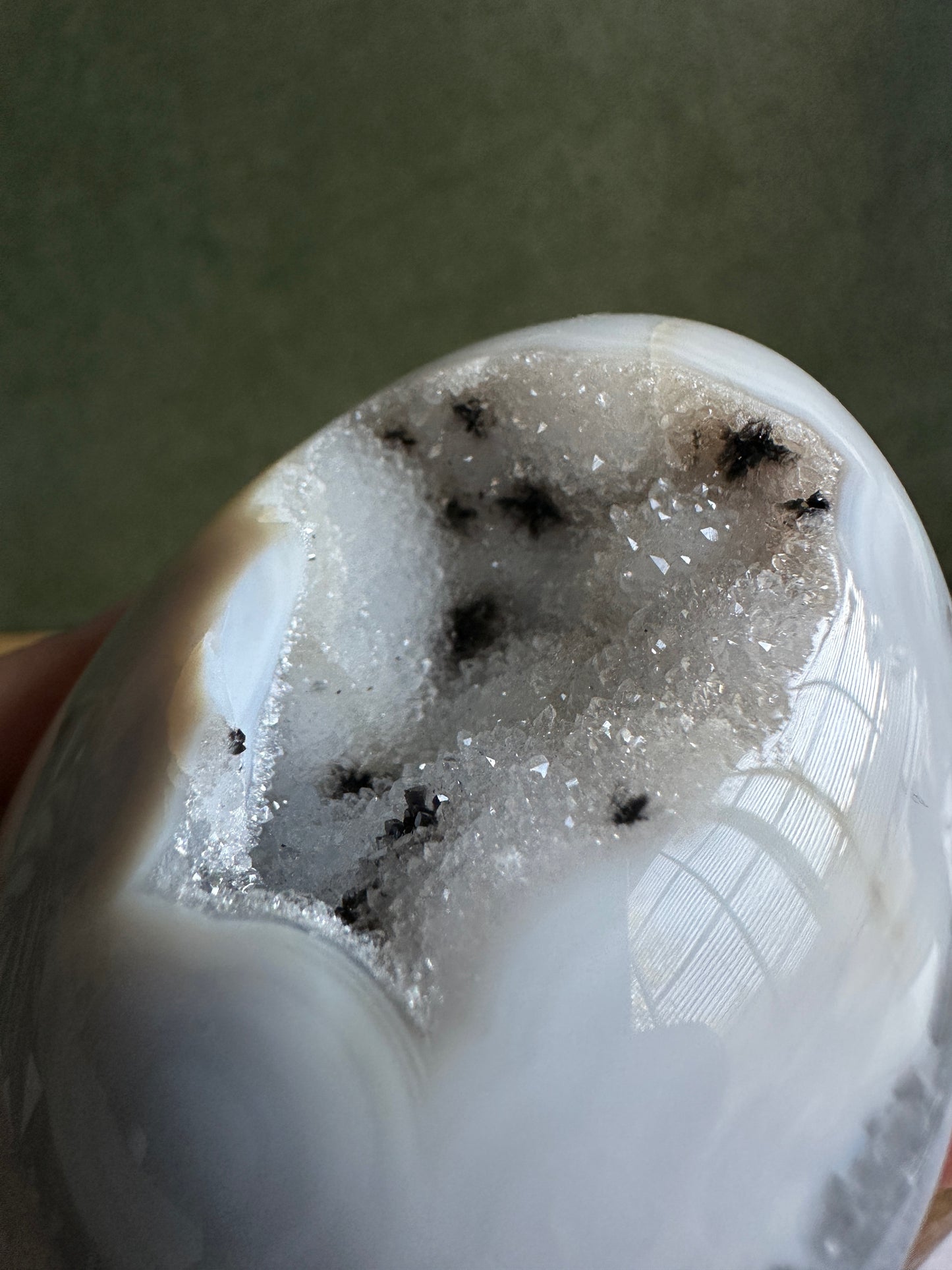 Dalmatian Druzy Agate Crystal Egg with White Quartz Crystals (Red Stand Included)