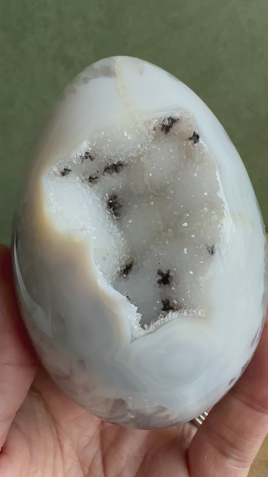Dalmatian Druzy Agate Crystal Egg with White Quartz Crystals (Red Stand Included)