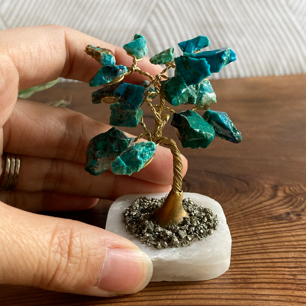 Chrysocolla Tree with Pyrite and White Onyx Base