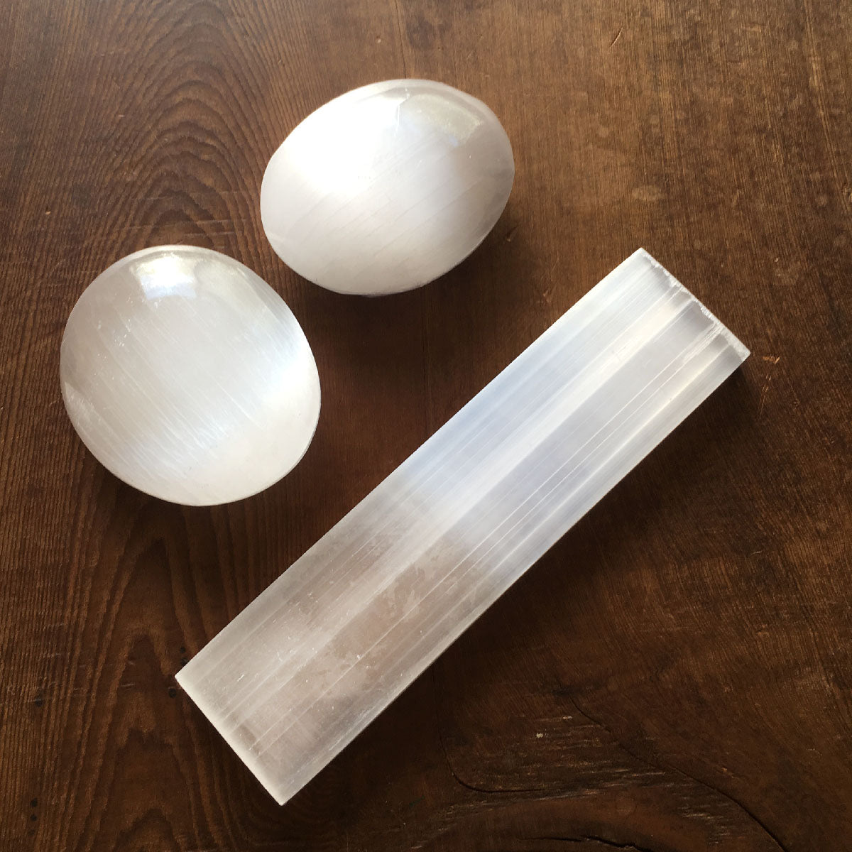 Exclusive 3-Piece Selenite Meditation Palm Stone & Ruler Set